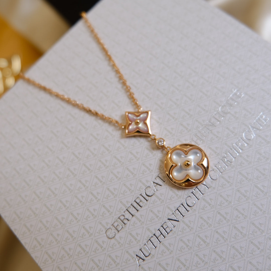[Vellora Opalyn]STAR AND SUN WHITE MOP 2 MOTIF PINK GOLD NECKLACE