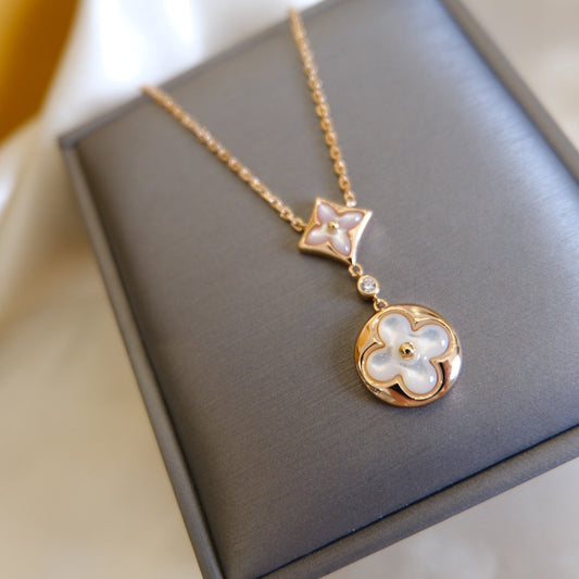 [Vellora Opalyn]STAR AND SUN WHITE MOP 2 MOTIF PINK GOLD NECKLACE
