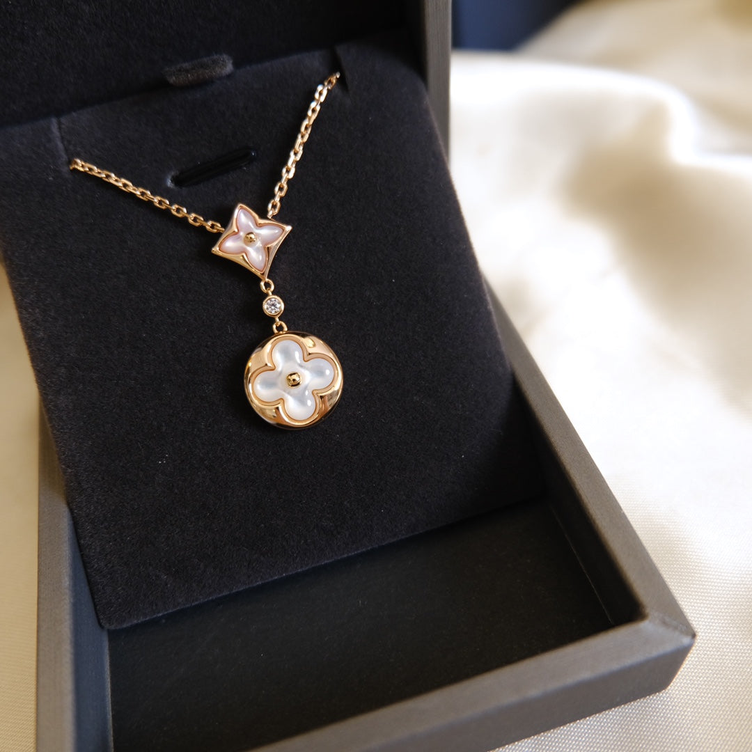 [Vellora Opalyn]STAR AND SUN WHITE MOP 2 MOTIF PINK GOLD NECKLACE