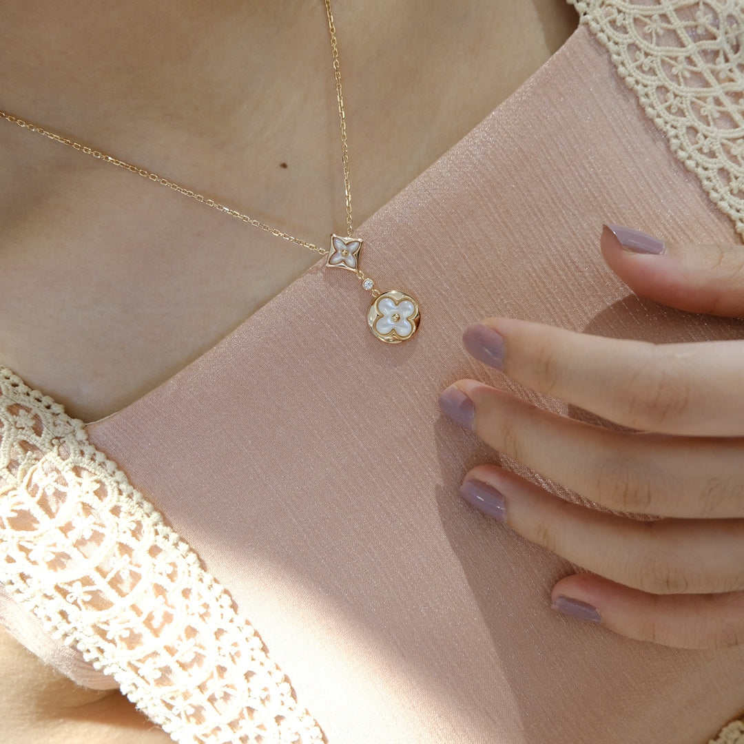 [Vellora Opalyn]STAR AND SUN WHITE MOP 2 MOTIF PINK GOLD NECKLACE