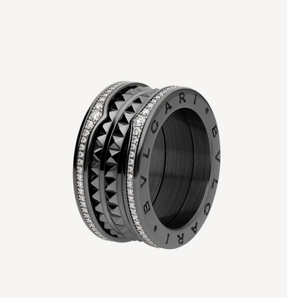 [Vellora Opalyn]ZERO 1 ROCK FOUR-BAND BLACK CERAMIC WITH STUDDED SPIRAL AND PAVED DIAMONDS RING
