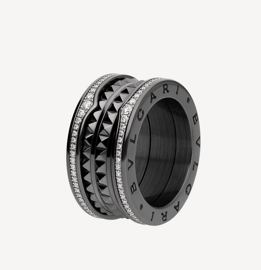 [Vellora Opalyn]ZERO 1 ROCK FOUR-BAND BLACK CERAMIC WITH STUDDED SPIRAL AND PAVED DIAMONDS RING