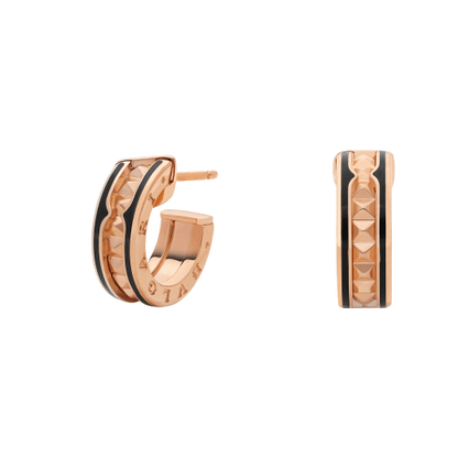 [Vellora Opalyn]ZERO 1 ROCK PINK GOLD EARRINGS WITH STUDDED SPIRAL AND BLACK CERAMIC