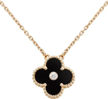 [Vellora Opalyn]CLOVER 15MM DIAMOND ONYX NECKLACE