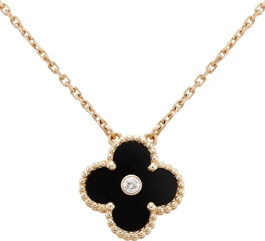 [Vellora Opalyn]CLOVER 15MM DIAMOND ONYX NECKLACE