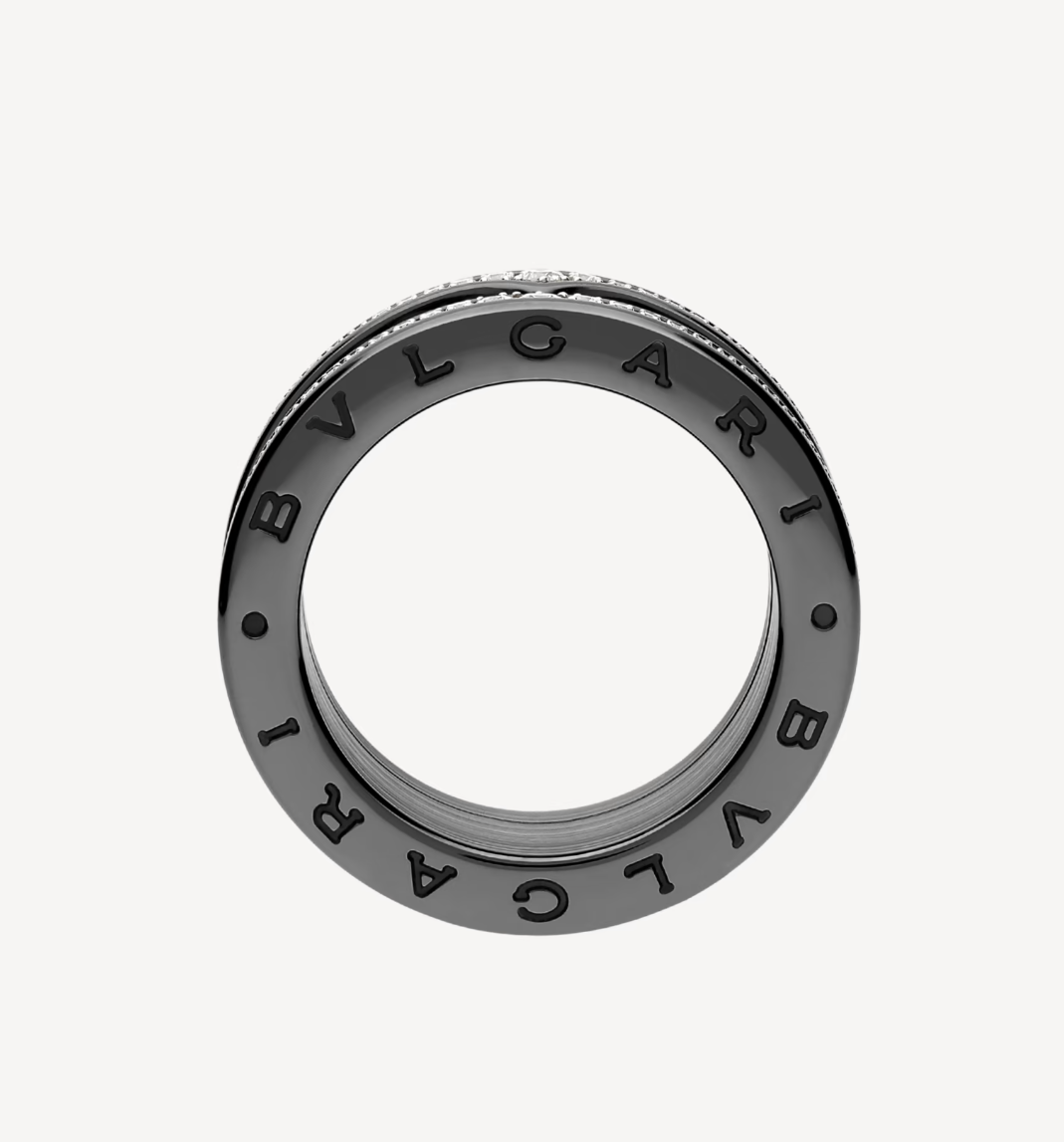 [Vellora Opalyn]ZERO 1 ROCK FOUR-BAND BLACK CERAMIC WITH STUDDED SPIRAL AND PAVED DIAMONDS RING