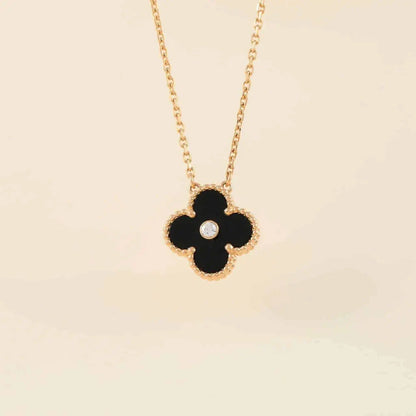 [Vellora Opalyn]CLOVER 15MM DIAMOND ONYX NECKLACE