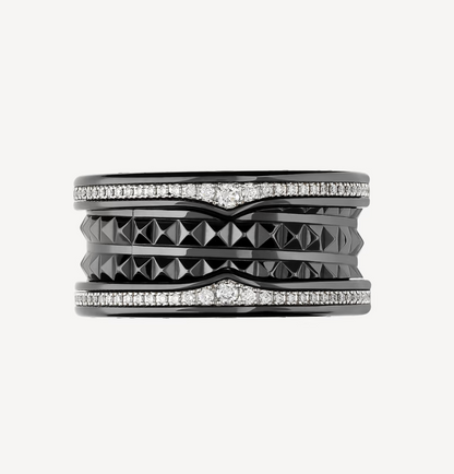 [Vellora Opalyn]ZERO 1 ROCK FOUR-BAND BLACK CERAMIC WITH STUDDED SPIRAL AND PAVED DIAMONDS RING