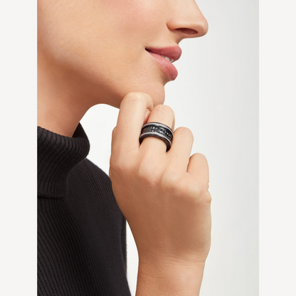 [Vellora Opalyn]ZERO 1 ROCK FOUR-BAND BLACK CERAMIC WITH STUDDED SPIRAL AND PAVED DIAMONDS RING