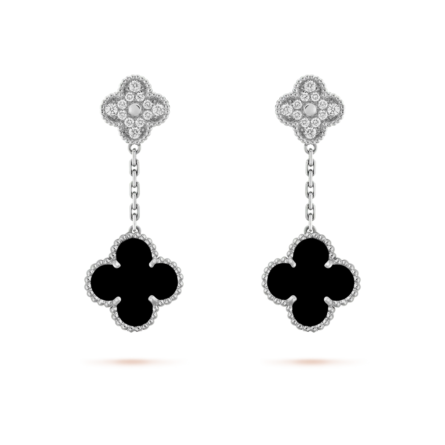 [Vellora Opalyn]CLOVER 2 MOTIFS  DIAMOND ONYX EARRINGS SILVER