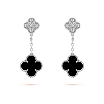 [Vellora Opalyn]CLOVER 2 MOTIFS  DIAMOND ONYX EARRINGS SILVER