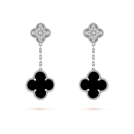 [Vellora Opalyn]CLOVER 2 MOTIFS  DIAMOND ONYX EARRINGS SILVER
