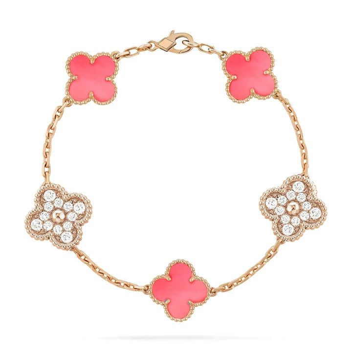 [Vellora Opalyn]CLOVER 5 MOTIF DIAMOND PINK MOP PINK GOLD BRACELET