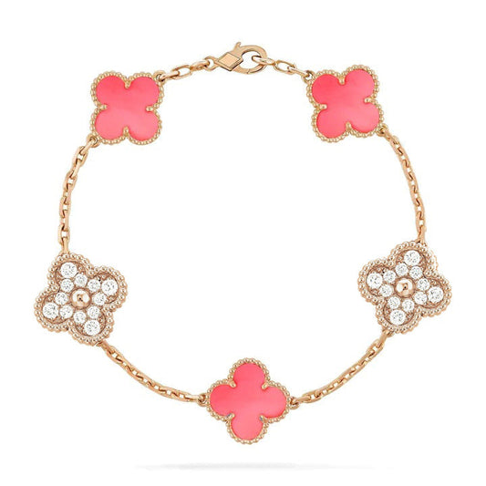 [Vellora Opalyn]CLOVER 5 MOTIF DIAMOND PINK MOP PINK GOLD BRACELET
