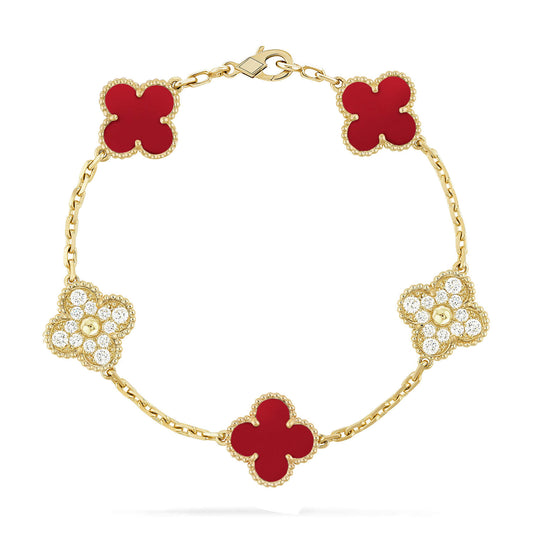 [Vellora Opalyn]CLOVER 5 MOTIFS CARNELIAN DIAMOND BRACELET