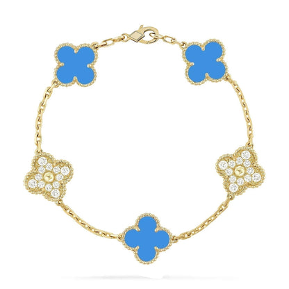 [Vellora Opalyn]CLOVER 5 MOTIF BLUE CHALCEDONY DIAMOND GOLD BRACELET