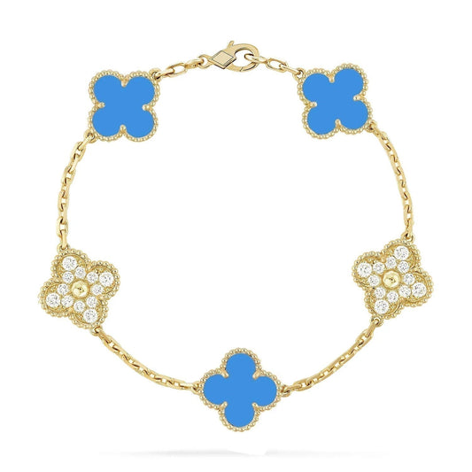 [Vellora Opalyn]CLOVER 5 MOTIF BLUE CHALCEDONY DIAMOND GOLD BRACELET