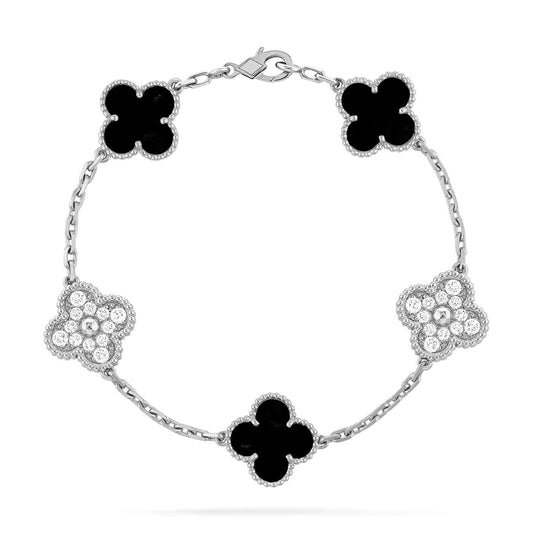[Vellora Opalyn]CLOVER 5 MOTIF ONYXS DIAMOND BRACELET SILVER