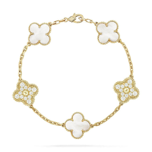 [Vellora Opalyn]CLOVER BRACELET 5 MOTIF WHITE MOP DIAMOND