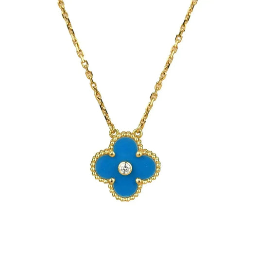 [Vellora Opalyn]CLOVER 15MM DIAMOND AND BLUE AGATE NECKLACE