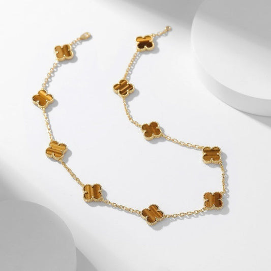 [Vellora Opalyn] CLOVER 10 MOTIFS TIGER EYE NECKLACE