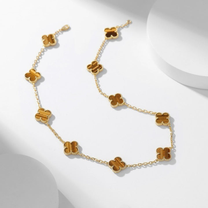 [Vellora Opalyn]CLOVER 10 MOTIFS TIGER EYE NECKLACE
