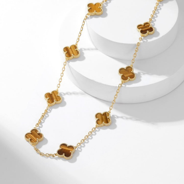 [Vellora Opalyn] CLOVER 10 MOTIFS TIGER EYE NECKLACE
