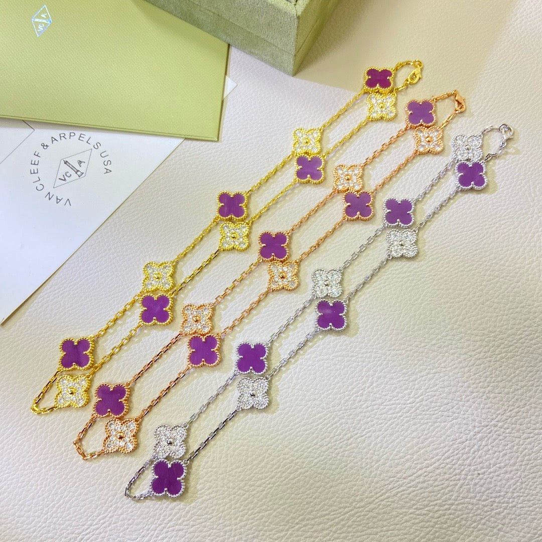 [Vellora Opalyn]CLOVER 10 MOTIFS  PURPLE VIOLET DIAMOND NECKLACE