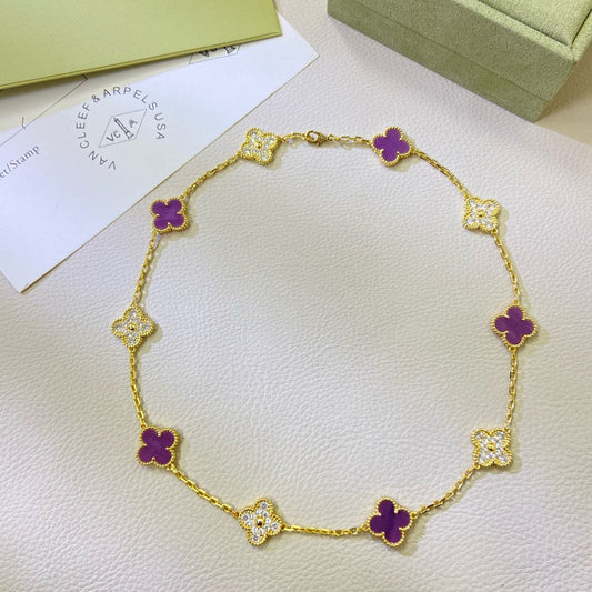 [Vellora Opalyn]CLOVER 10 MOTIFS  PURPLE VIOLET DIAMOND NECKLACE
