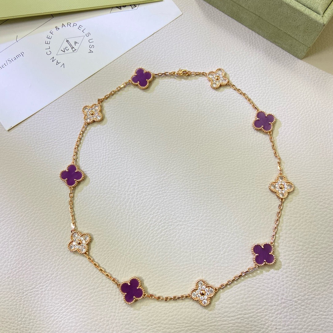[Vellora Opalyn]CLOVER 10 MOTIFS  PURPLE VIOLET DIAMOND NECKLACE