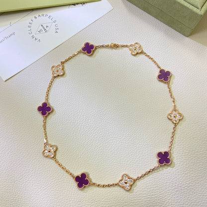 [Vellora Opalyn]CLOVER 10 MOTIFS  PURPLE VIOLET DIAMOND NECKLACE
