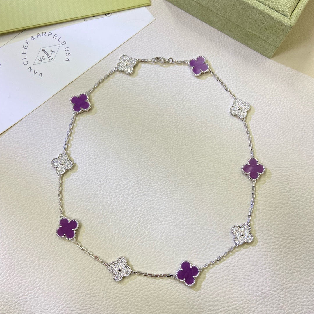 [Vellora Opalyn]CLOVER 10 MOTIFS  PURPLE VIOLET DIAMOND NECKLACE