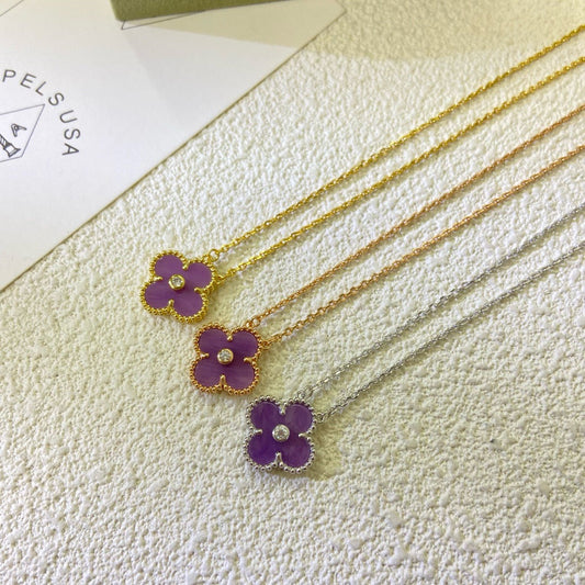 [Vellora Opalyn]CLOVER 15MM DIAMOND  PURPLE VIOLET NECKLACE