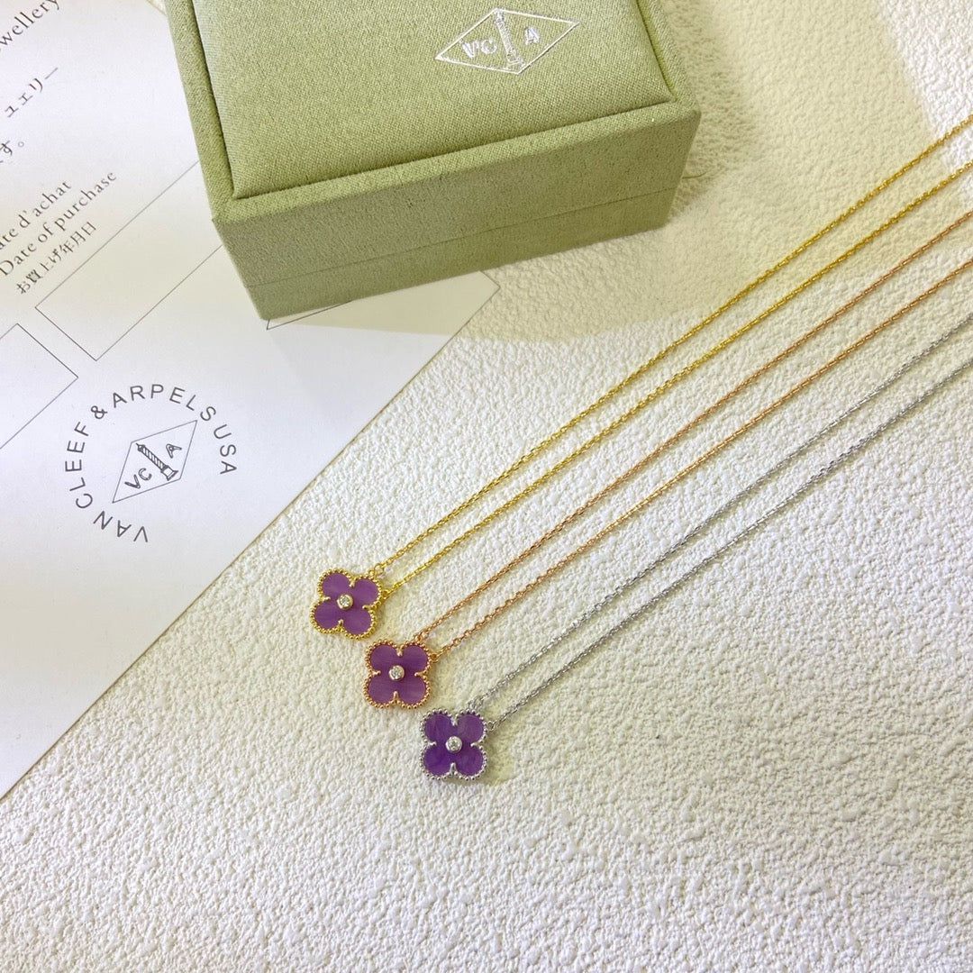 [Vellora Opalyn]CLOVER 15MM DIAMOND  PURPLE VIOLET NECKLACE