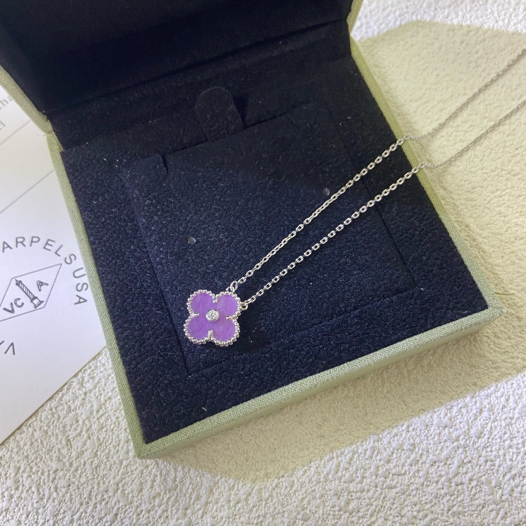 [Vellora Opalyn]CLOVER 15MM DIAMOND  PURPLE VIOLET NECKLACE