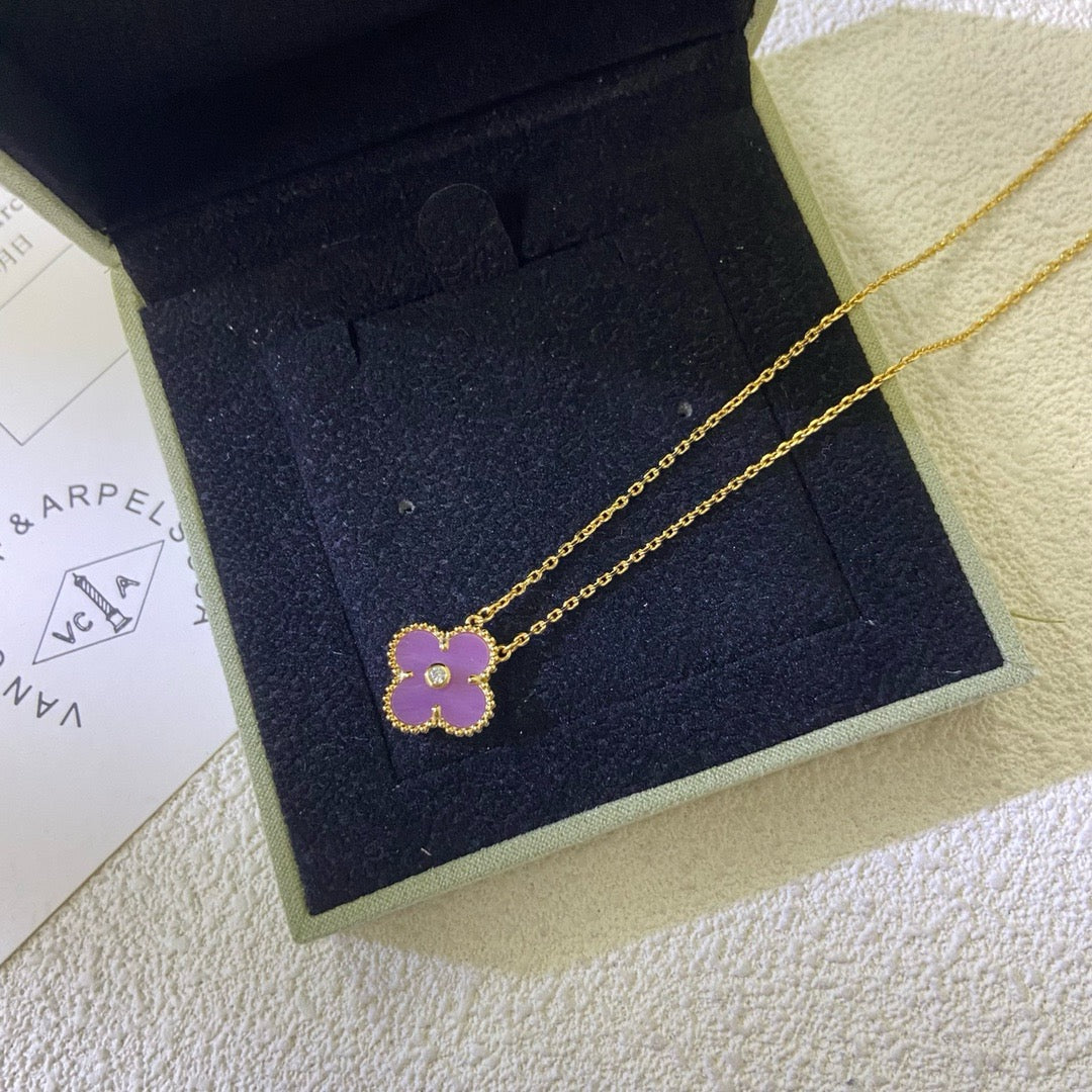 [Vellora Opalyn]CLOVER 15MM DIAMOND  PURPLE VIOLET NECKLACE