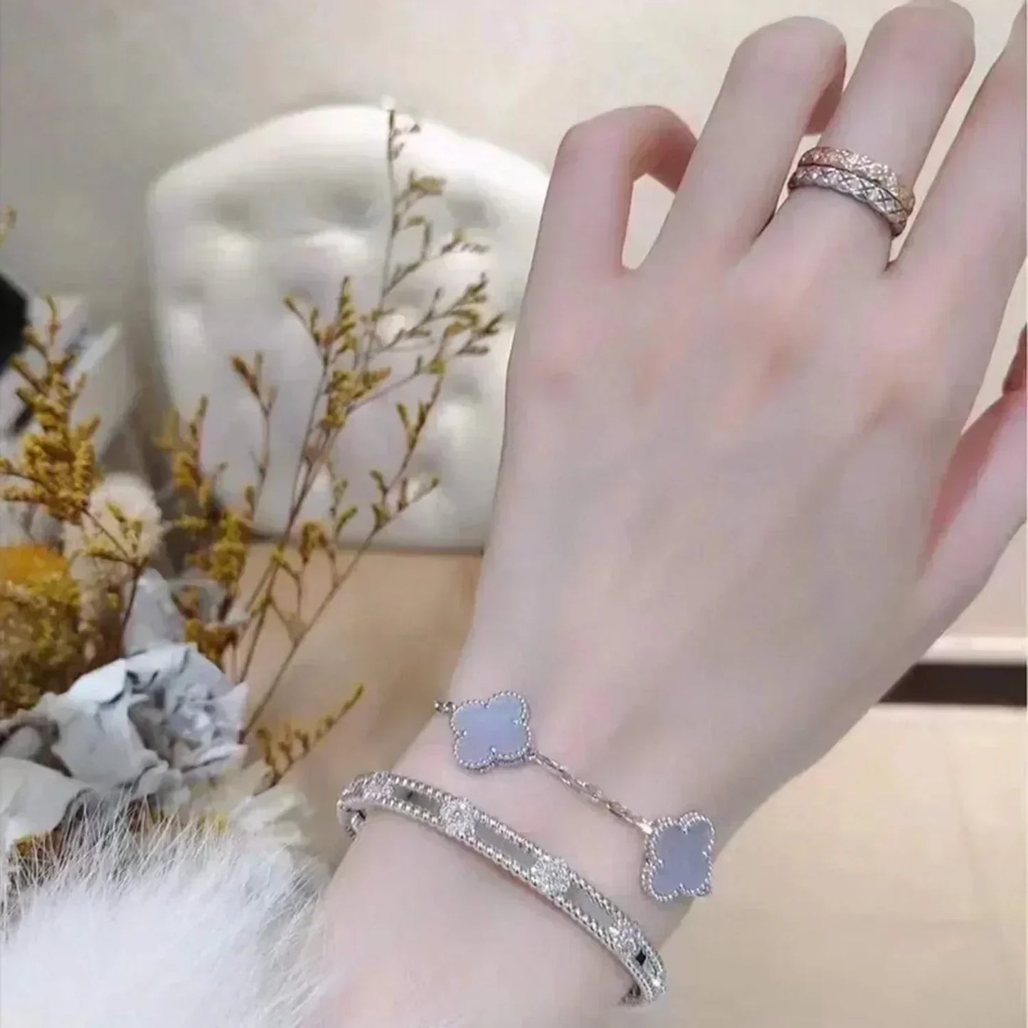 [Vellora Opalyn]CLOVER  5 MOTIF PURPLE CHALCEDONY BRACELET SILVER