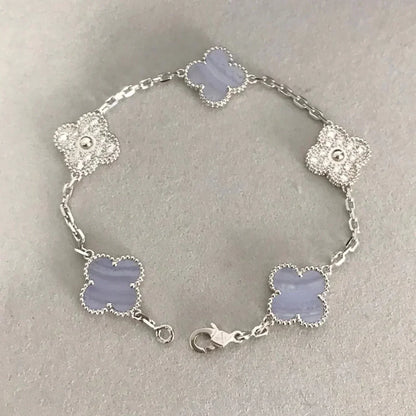 [Vellora Opalyn]CLOVER  5 MOTIF DIAMOND PURPLE CHALCEDONY BRACELET SILVER