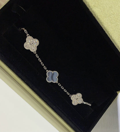 [Vellora Opalyn]CLOVER  5 MOTIF DIAMOND PURPLE CHALCEDONY BRACELET SILVER