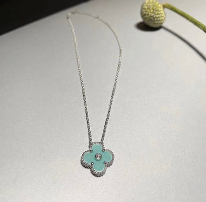 [Vellora Opalyn]CLOVER 1 DIAMOND LIGHT BLUE SILVER NECKLACE