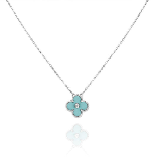 [Vellora Opalyn]CLOVER 1 DIAMOND LIGHT BLUE SILVER NECKLACE