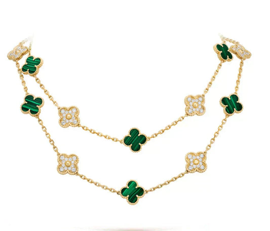 [Vellora Opalyn]CLOVER 20 MOTIFS MALACHITE DIAMOND NECKLACE