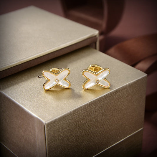 [Vellora Opalyn]JEUX DE WHITE MOP GOLD DIAMOND EARRINGS