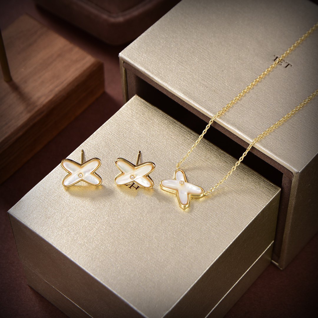[Vellora Opalyn]JEUX DE WHITE MOP GOLD DIAMOND EARRINGS