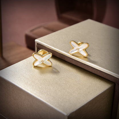 [Vellora Opalyn]JEUX DE WHITE MOP GOLD DIAMOND EARRINGS