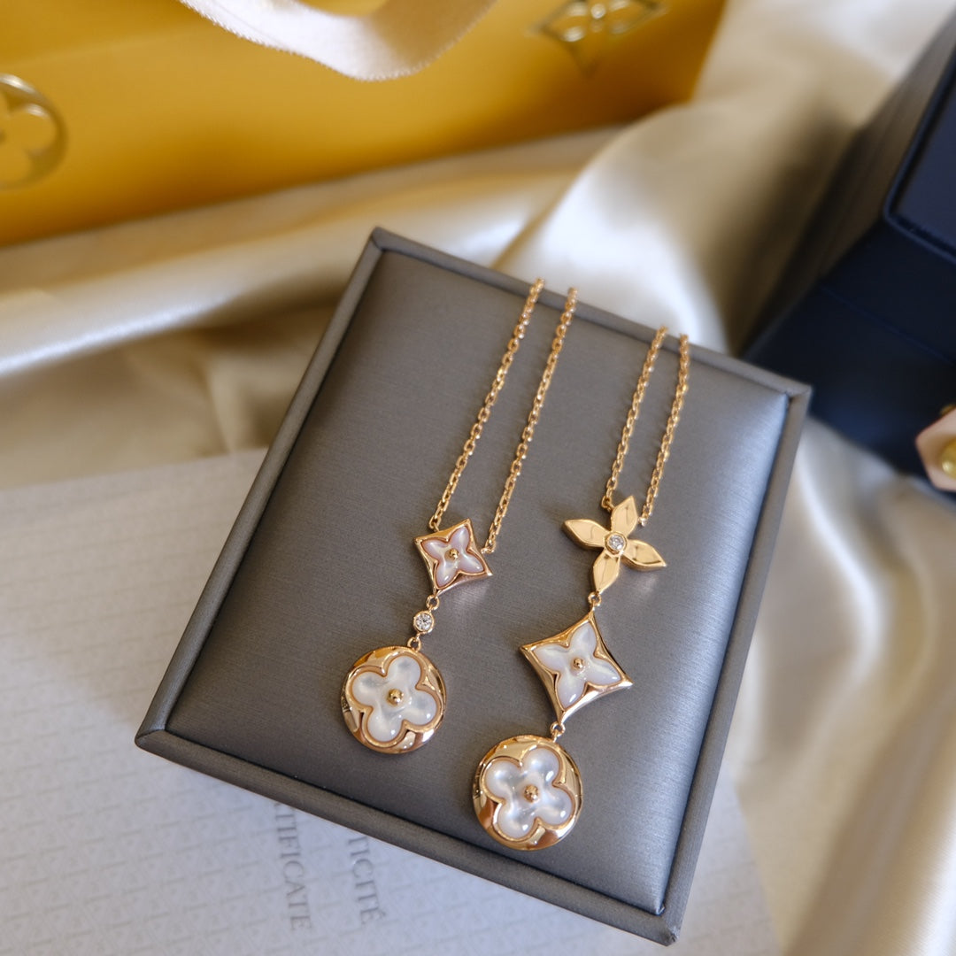[Vellora Opalyn]COLOR BLOSSOM LARIAT NECKLACE PINK GOLD WHITE MOTHER PEARL AND DIAMOND