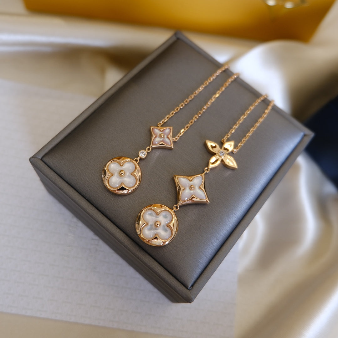 [Vellora Opalyn]COLOR BLOSSOM LARIAT NECKLACE PINK GOLD WHITE MOTHER PEARL AND DIAMOND