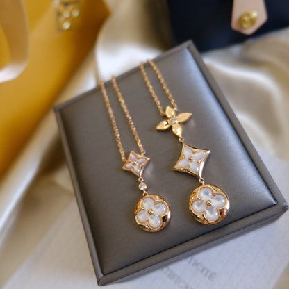 [Vellora Opalyn]COLOR BLOSSOM LARIAT NECKLACE PINK GOLD WHITE MOTHER PEARL AND DIAMOND