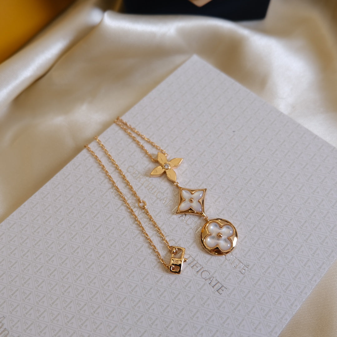 [Vellora Opalyn]COLOR BLOSSOM LARIAT NECKLACE PINK GOLD WHITE MOTHER PEARL AND DIAMOND