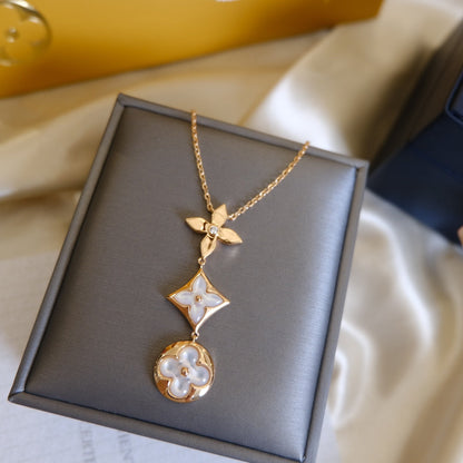 [Vellora Opalyn]COLOR BLOSSOM LARIAT NECKLACE PINK GOLD WHITE MOTHER PEARL AND DIAMOND
